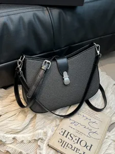 French Vintage Woven Texture Shoulder Bag For Women PU Leather Crossbody Saddle Bag Metal Lock Chic Commuting Handbag