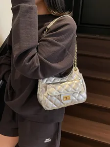 Trendy silver quilted chain shoulder bag for women, chic flap crossbody bag for commute.