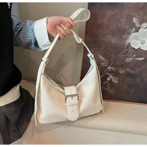 Chic white striped hobo shoulder bag with stylish belt buckle, perfect for daily commuting.