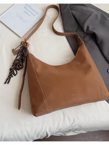 Large capacity vintage brown hobo shoulder bag for women, stylish minimalist daily commuter bag.