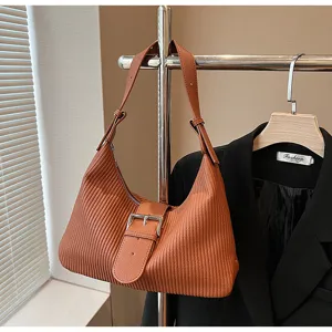 Brown pleated shoulder bag with belt buckle retro underarm hobo bag for women daily use