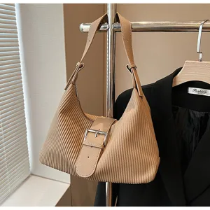 Vintage pleated shoulder bag with belt buckle, large capacity PU leather underarm bag.