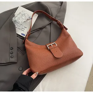 Stylish retro brown textured underarm shoulder bag with buckle detail for daily commuting.