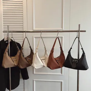 Stylish striped hobo shoulder bag with metal belt buckle, casual vintage commuter crossbody bag.