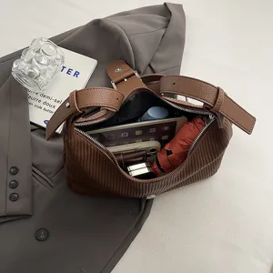 Brown textured striped shoulder bag large capacity casual crossbody commuting bag for women