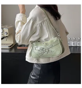 Green motorcycle shoulder bag with metal buckles and straps for women fashion everyday