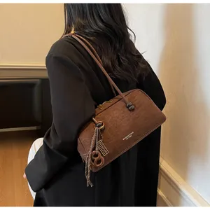 Women vintage brown suede shoulder bag casual retro underarm pillow bag daily commute