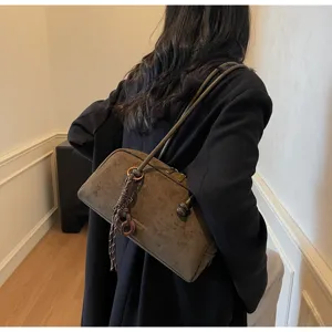 Retro brown suede shoulder bag for women, large capacity commuter pillow bag underarm
