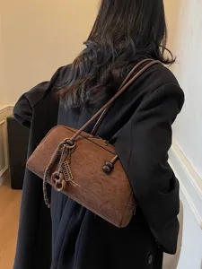 Vintage matte brown shoulder bag for women, large capacity underarm bag, casual pillow bag.
