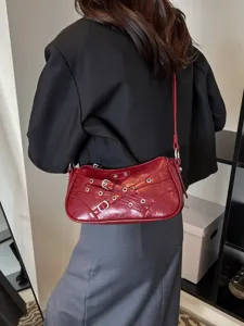 Red motorcycle leather shoulder bag for women, edgy belt buckle underarm crossbody bag