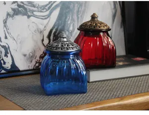 Barok glazen voorraadpot met metalen deksel, vintage keukencontainer voor thee en gedroogd fruit.