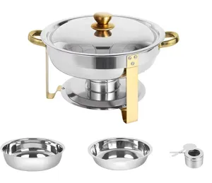 Chafing dish rond en acier inoxydable avec poignées dorées et détails de bacs amovibles.