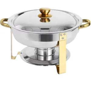 Chauffe plat buffet rond en acier inoxydable avec poignées dorées pour hôtel et restaurant.