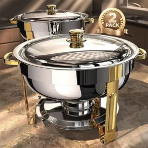 Ensemble de réchauffe plat buffet rond en acier inoxydable avec pieds dorés pour hôtel
