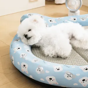 Cooling pet mat for dogs and cats, summer breathable sleeping bed with raised pillow.