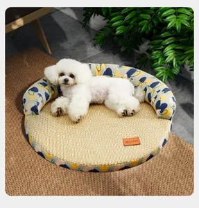Round pet cooling mat summer dog bed breathable cat sleeping pad with printed bolster