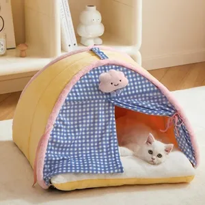Warm Pet Tent Cat Bed Enclosed Cave House Soft Plush Sleeping Mat For Cats Small Dogs