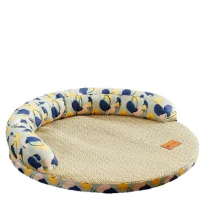 Summer cooling round pet bed for cats and dogs, breathable woven mat with printed bolster.