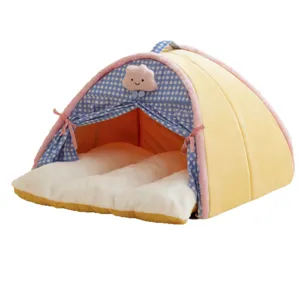 Warm pet tent bed with blue plaid curtain and plush cushion for cats and small dogs winter