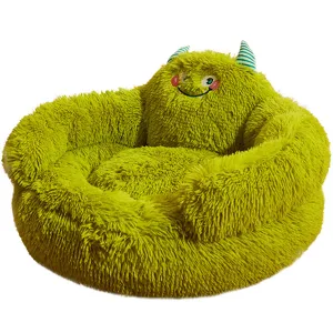 Fluffy green monster pet bed, soft plush semi-enclosed warm sofa for cats and small dogs.