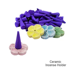 Ceramic cherry blossom incense holder with purple cone incense set for home fragrance decor.