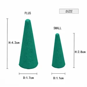 Size chart of green cone incense showing height and diameter dimensions for plus and small sizes.
