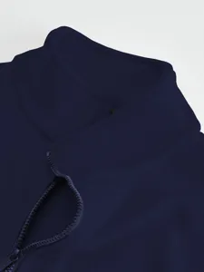 Men's heavy stand-up collar fleece jacket detail, navy blue ribbed fabric with half-zip.
