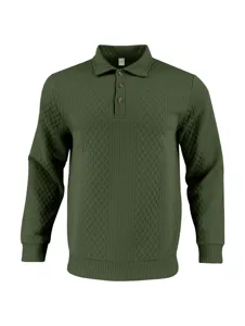 Vista detallada del polo de manga larga de punto verde oscuro para hombre con rombos.