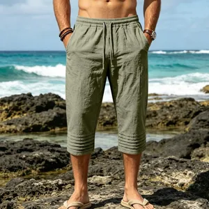 Men's green casual cropped pants detail, summer beach drawstring capris with pleated cuffs.