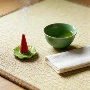 Detailed view of the ceramic incense cone holder with a burning red cone in a serene setup.