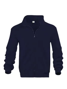 Navy stand collar full zip jacket detail showing ribbed cuffs and internal size label info.