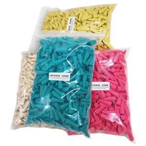 Bulk colorful incense cones in clear bags, natural aromatic fragrance for indoor air freshening.