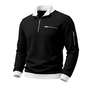 Men casual waffle knit quarter-zip stand collar sweatshirt stylish streetwear black top
