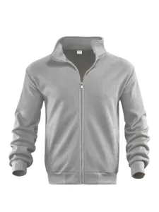 Men's casual solid gray stand collar full-zip jacket featuring ribbed cuffs and hem.