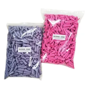 Colorful incense cones in clear bags, natural aromatic home fragrance for relaxation.