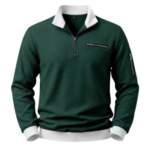 Men's Casual Waffle Quarter Zip Sweatshirt Stand Collar Pullover Dark Green Top Style