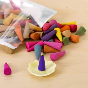 Colorful cone incense bulk pack with ceramic holder for home air freshening and indoor odor removal.