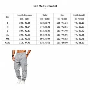 Detailed size chart and measurement guide for men's casual cargo sweatpants, S-3XL.