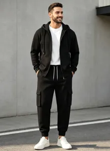 Detailed view of the men's casual black hooded zip sweatshirt and matching cargo joggers outfit.