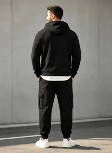 Men's autumn winter fleece lined hooded sweatshirt and cargo pants set casual streetwear.