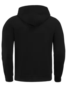 Detailed back view of a solid black cotton hooded sweatshirt showcasing rear fit.