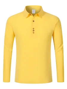 Men's solid color long sleeve polo shirt with lapel collar and button placket details.