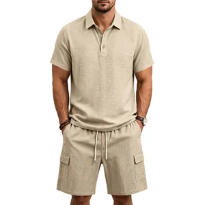 Herren Freizeit Leinen Kurzarm Polohemd und Cargo Shorts Set Detailansicht, khaki.