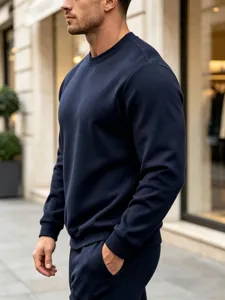 Men's solid dark blue crewneck sweatshirt, casual minimalist autumn winter daily wear.