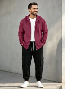 Men's casual tracksuit set featuring a maroon zip hoodie, white tee, and black cargo sweatpants.