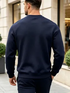 Men's solid navy blue crewneck sweatshirt, casual long sleeve pullover, minimalist basic autumn apparel.