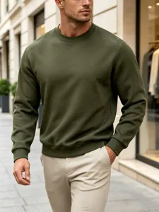 Detail view of a men's heavy olive green crewneck sweatshirt, casual minimalist urban style.