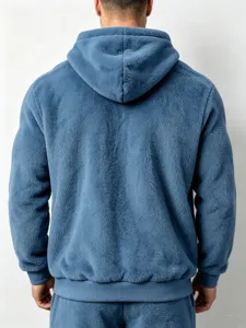 Back view detail of men's plush fleece winter hooded sweatshirt in blue, soft texture.