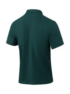 Donkergroene korte mouw polo shirt detail, gestructureerde wafelbreisel stof, heren top achter.