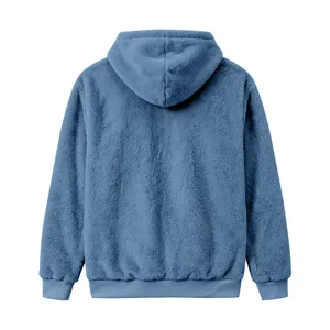 Detail view of men's winter warm fleece hooded sweatshirt in classic blue color, cozy fabric.